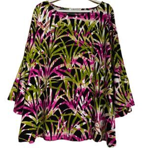 KASPER WOMEN’s VIBRANT MULTI TROPICAL LEAVES PRINT w/ 3/4 BELL SLEEVES TUNIC TOP